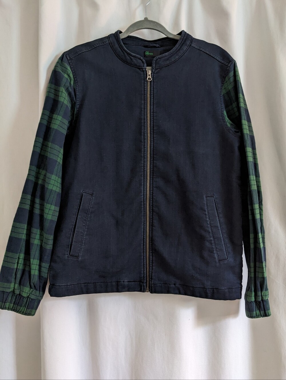 United Colors of Benetton Navy Plaid Sleeve Bomber Jacket Men's Medium Classic